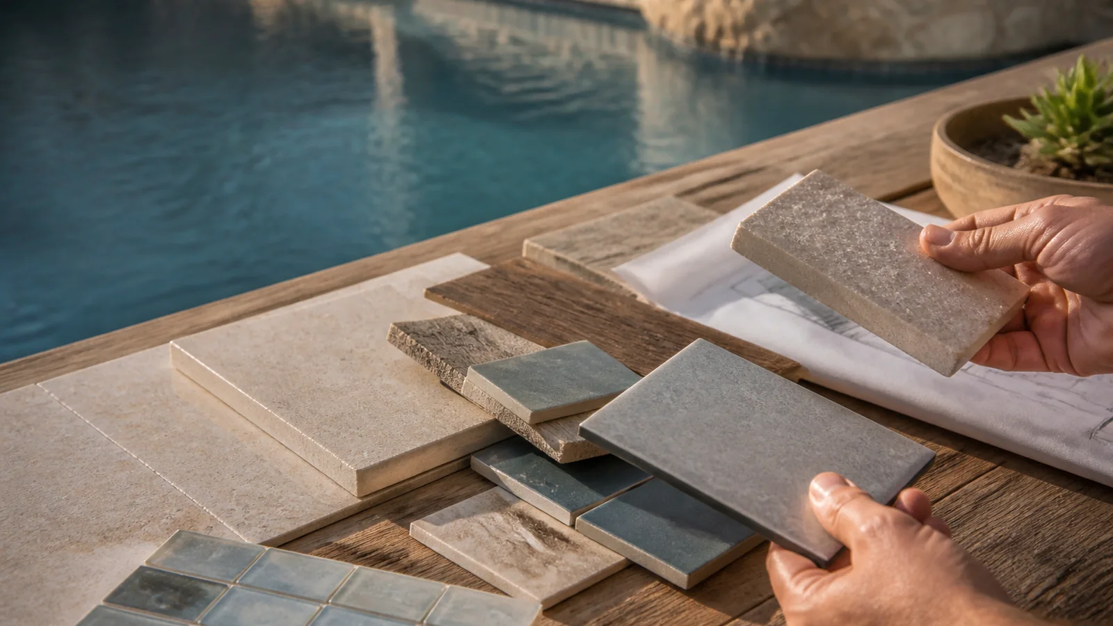 Pool material planning with pool, stone samples, and design plans