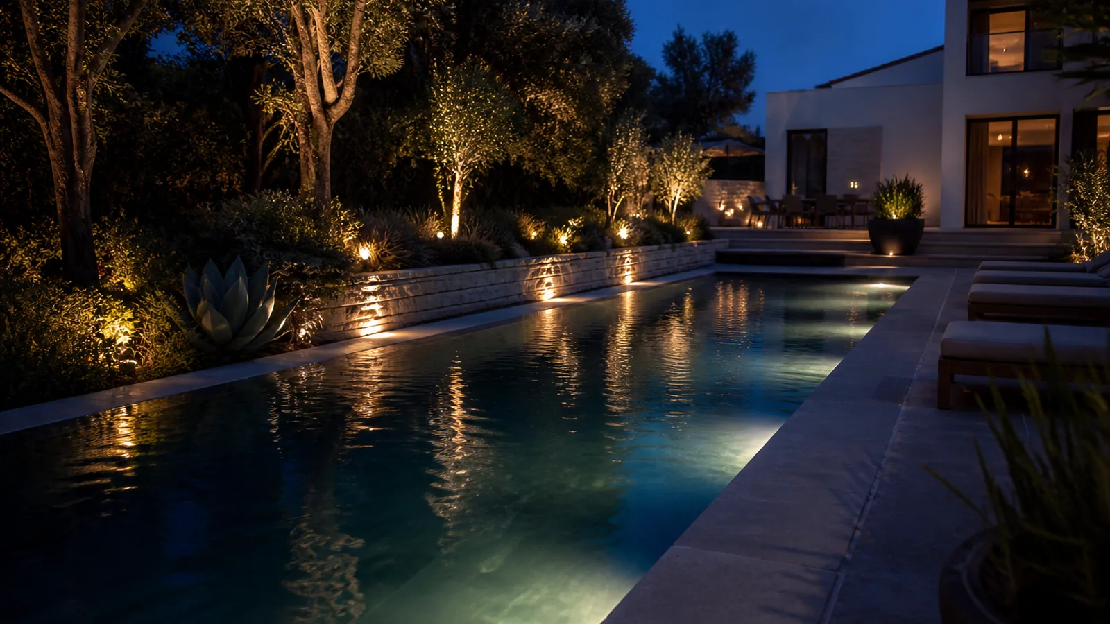 Pool and garden illuminated with low warm light at night