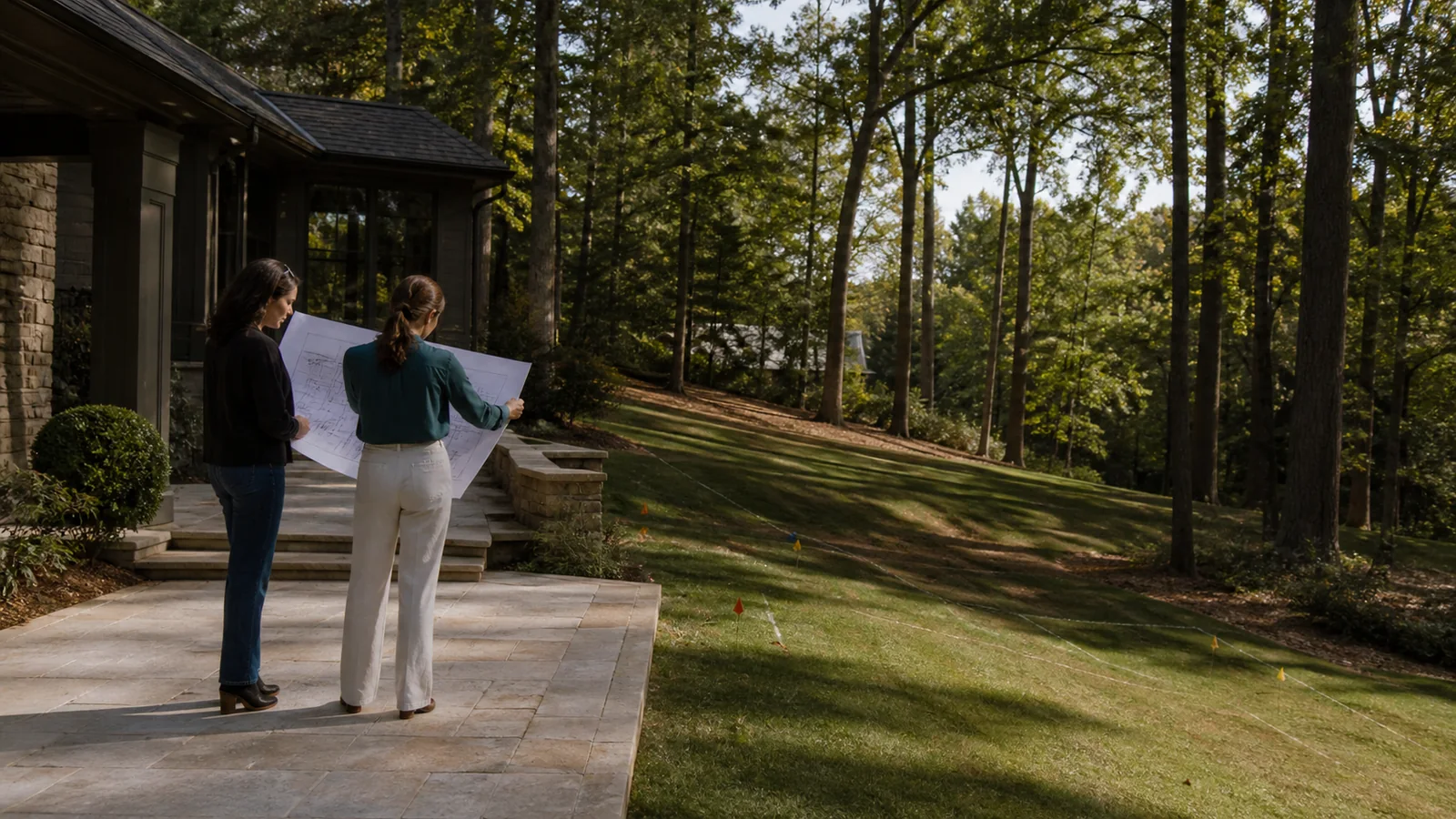 Two designers reviewing a paper site plan in an existing wooded backyard