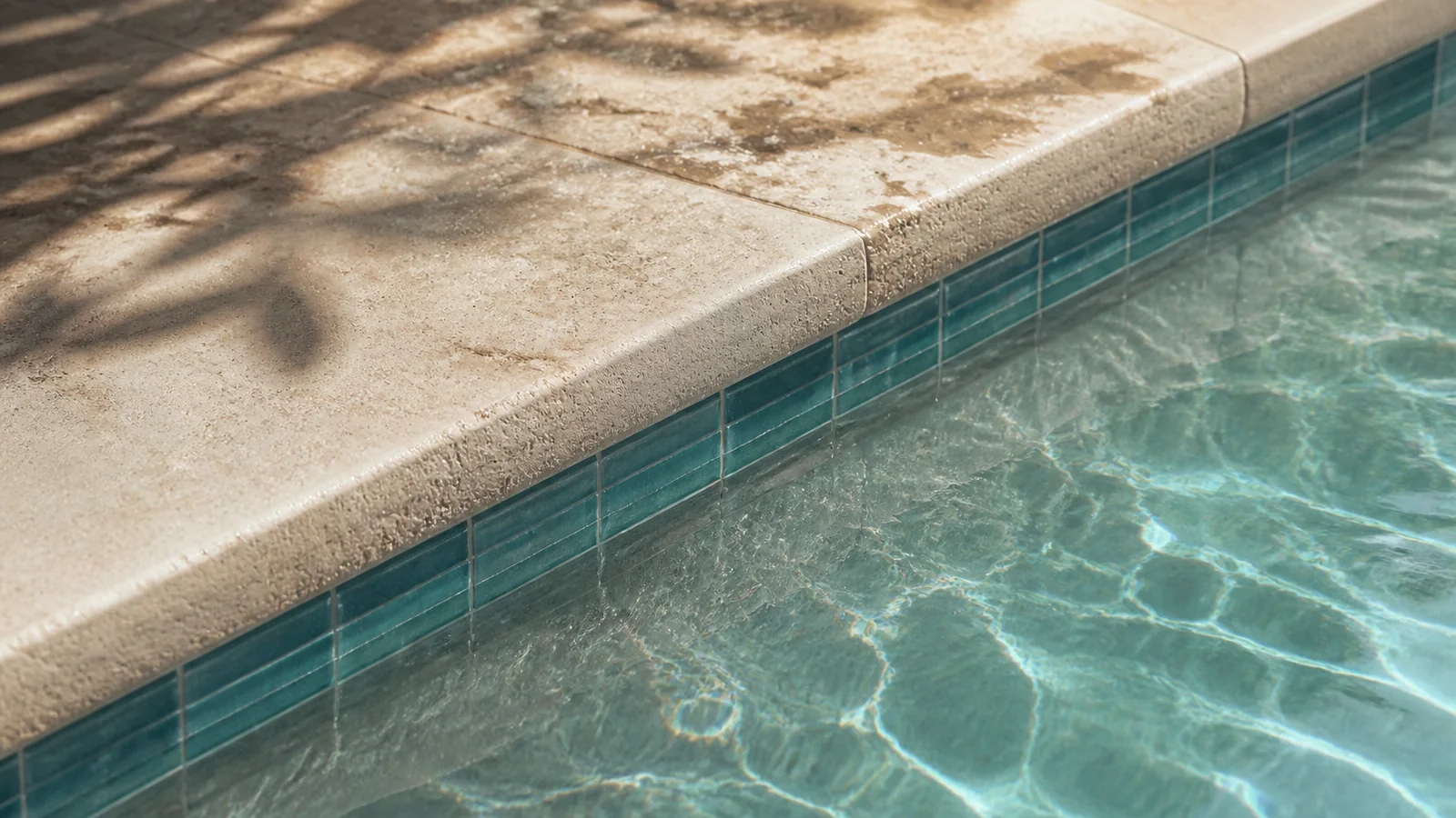 Close view of pool water, coping, and waterline material